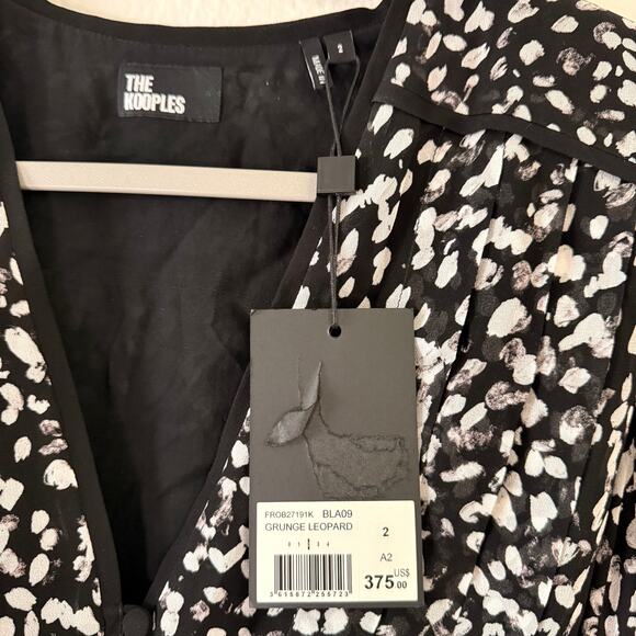 The Kooples FR 2 US 4 6 Small Black White Dress Smocked Waist 3/4 Sleeve NWT - Picture 9 of 11